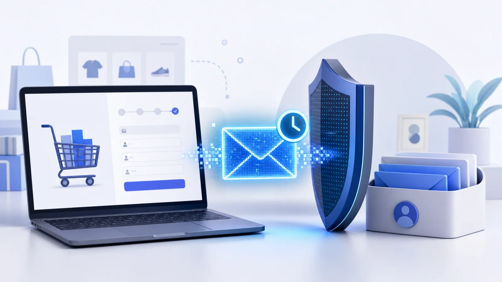 Online checkout protected by a temporary email, countdown clock, and privacy shield